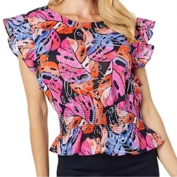NWT Tommy Hilfiger %100 Cotton Flutter Sleeve Smock Waist Palm Leaf Ruffle Top - Picture 1 of 16